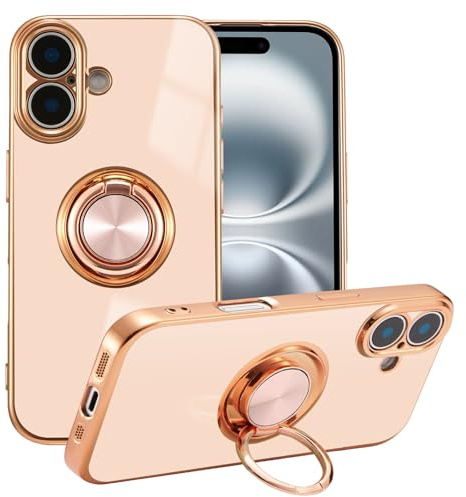 EYZUTAK Electroplated Magnetic Ring Holder Case for iPhone 16 Plus, 360 Degree Rotation Metal Anti-fall Finger Ring Kickstand Magnet Car Holder Slim Soft Silicone Shockproof Cover - Light Pink