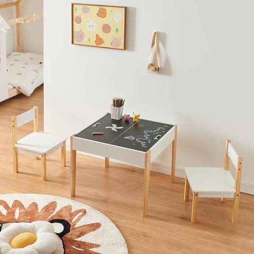 [en.casa] Set Mobili per Cameretta Tavolo con Lavagne Rimovibili e 2 Sedie con Gambe in Legno di Pino Tavolo Multiuso con 4 Scomparti Arredo a Misura di Bimbi - Bianco/Naturale