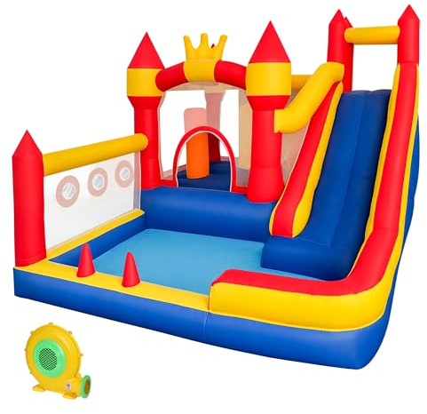 Liaakrr Bounce House, 8-in-1 Bounce House for Kids, Bouncy House with Slide, Climbing Wall, Ball Pit, Obstacles, Trampoline & Basketball Hoop – Includes Blower for Indoor & Outdoor