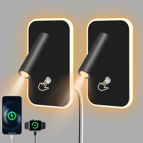 Gxpjycfob Lampe de Lecture LED, Applique Murale LED, Liseuse de Chevet Réglable, avec Port de Charge USB et Type-c, Lumières Murale Gradation en Continu pour Chambre, Couloir, Hôtel(3W+9W)(Noir 2pcs)