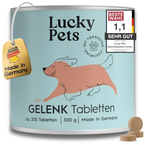 Lucky Pets Gelenktabletten für Hunde 200 Tabletten – Hochdosiert mit Grünlippmuschel, Teufelskralle, MSM und Glucosamin – Unterstützung für Gelenke und Knorpel – Deutscher Hersteller