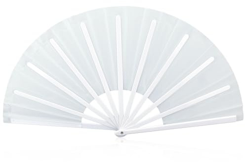 BOXOB Large Foldable Hand Fan, Plastic Fabric Rave Folding Held Handheld Fan Manual Portable for Line Dancing Wedding Party Decoration Performance Supplies (White)