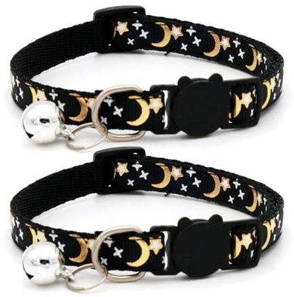 2 Pack Safety Cat Collars Quick Release with Bell & Reflective Cat Collars with Bells (Black)