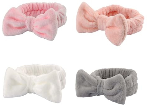 4Pcs Skincare Headbands - ShiningUU Spa Headband for Washing Face | Absorbent Makeup Headband with Bow Tie, Elastic Microfiber Make up Hair Band Gifts for Teen Girls (White/Grey/Rose Pink/Light Pink)