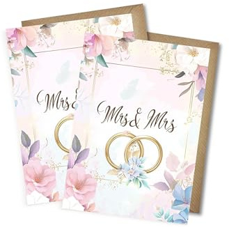 WBdesignz Hochzeit Karten mit Umschlägen Mrs & Mrs Glückwunschkarten zur Trauung für Frauen Floral Blumen Gold Ringe Brautpaar Gay Liebe Verlobung Hochzeitskarte LGBTQ+ DIN A6 (2er-Set, Mrs & Mrs)