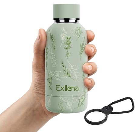 Exllena Water Bottle 350ml with Clip, Double Wall Vacuum Flask Keeps Drinks Cold 24 Hrs/Hot 12 Hrs, BPA Free (Floral)