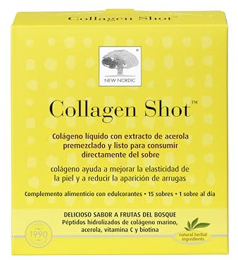 New Nordic Collagen Shot | Colágeno Líquido | Vitamina C | Biotina | Sabor Frutas del Bosque | 15 Sobres | Suplemento Alimenticio | Natural