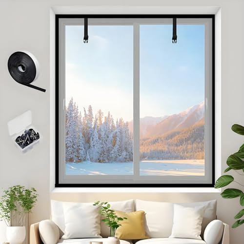 Película Aislante para Ventanas Invierno, Kit de Película Transparente Gruesa, Cortina Cubierta de Aislamiento Térmico Anti-Frío y Anti-Escarcha, Autoadhesiva y Reutilizable(Black,W70xH200cm)