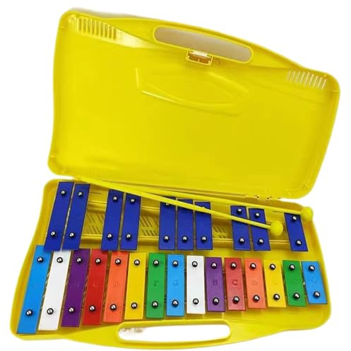 Kinder-Xylophon | Kinder-Xylophon, Glockenspiel mit 25 bunten Metalltasten, Glockenspiel mit Koffer und zwei Perkussionsschlägeln für Anfänger, Musikunterricht ab 4 Jahren, Geschenke, Gelb