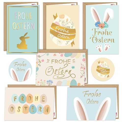 MINUBIN 12er Osterkarten mit Umschlag Deutsch, Osterkarten Aufklappbar A6, Frohe Ostern Postkarten mit Osterhase und Ostereier, 6 Unterschiedliche Motive je 2 Stück (A)