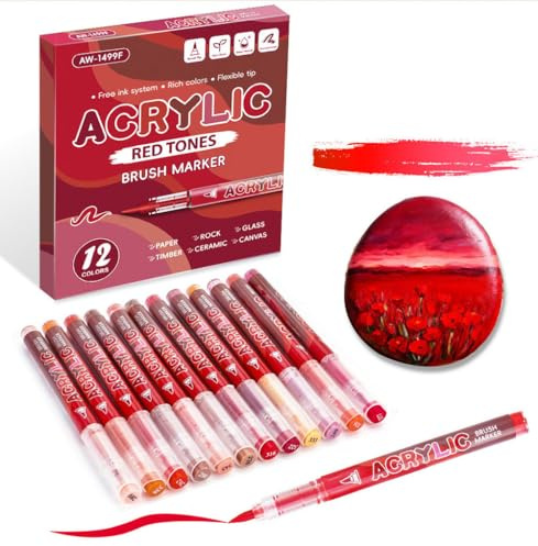 Rotuladores acrílicos, 12 colores, punta de fibra suave de 1 a 5 mm, sistema de tinta gratis, para papel, roca, vidrio, madera, lienzo de cerámica (rojo)
