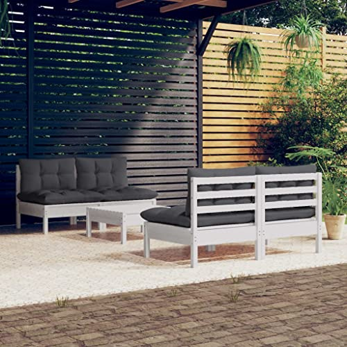 Mokuyary 5-TLG. Trädgårdsloungeset med antracitfärgade kuddar i furu, trädgårdsmöbelset, utomhus balkongset, terrassmöbler, trädgårdslounge sittgrupp för terrass, balkong, trädgård – A