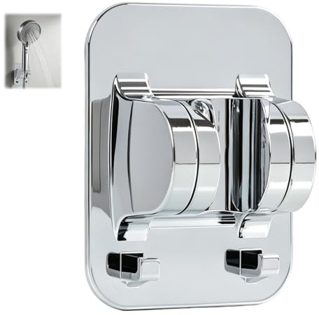 Support De Pommeau De Douche Sans Percage Chromé, Barre de douche sans perçage, DoucheRéglable avec Crochets, Support Douche Mural Universel, Accroche Pommeau de Douche pour Salle de Bain