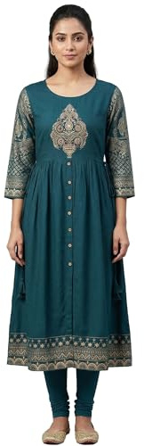 Ladyline Womens Rayon Anarkali Kurti with Foil Print & Handwork | Trendly Flared Long Kurta Set | 3/4 Sleeves | Ethnic Indian Dress (REK LLTR) (36/ Teal)