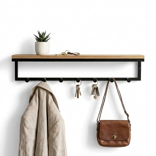 Lemodie Wandgarderobe mit Ablage 60 cm – 7 Haken Schwarz – Flurgarderobe Metall & Eichendekor – Garderobenleiste Wand – Hakenleiste Schlüsselbrett flur möbel