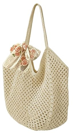 Generisch Gehäkelte Strandtasche - Netzdesign mit Rosen, Spitze und mit Band Boho Handtaschen | Sommer Strick Strandtasche,Für Shopping, Reisen, Verabredungen und zum Aufbewahren von Sonnenbrillen