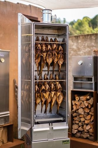 SMOKI Dubbelväggig isolerad rökugn 120 x 39 x 33 cm Cr-rostfritt stål – premium rökskåp för fisk och kött – professionell rökugn med 10 nivåer, termometer och röranslutning (Made in Germany)