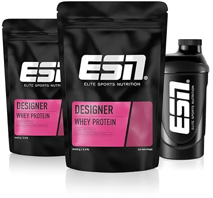 ESN Designer Whey Proteinpulver + Gratis Shaker, Strawberry, 2 x 1 kg | Bis zu 23 g Protein pro Portion, ideal zum Muskelaufbau und -erhalt - made in Germany