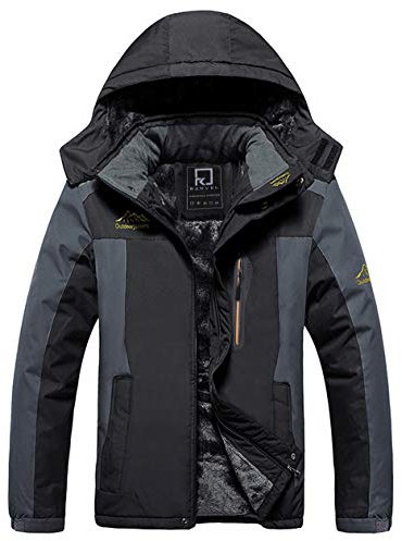 R RUNVEL Mens Waterproof Coats Winter Jacket Fleece Hiking Ski Rain Warm Outdoor Walking Mountain Thermal Jackets with Hood Black UK M