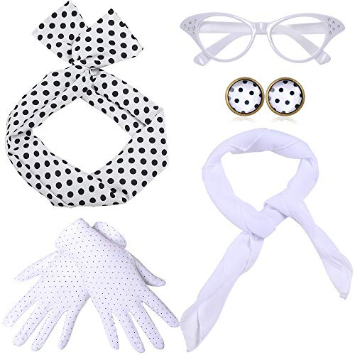 Coucoland Accessori per costume anni '50, con bandana, sciarpa in chiffon, occhiali a forma di occhi di gatto, orecchini e guanti a pois, bianco (dimensioni: Taglia unica)