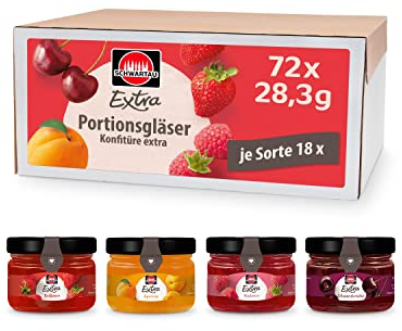Schwartau Extra Mix-Box, Konfitüre Portionsgläser (18 x Erdbeere, 18 x Himbeere, 18 x Aprikose, 18 x Kirsche), 72 x 28,3g