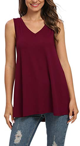 AUSELILY Ropa de Mujer Verano Casual Mleeveless V-Camiseta Túnica de Blusa Chalecos Básicos (Vino Rojo,L)