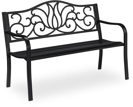 Relaxdays trädgårdsbänk antik för 2 personer, balkong, terrass, metallbänk HBT 90 x 127,5 x 63 cm, stål, gjutjärn, svart