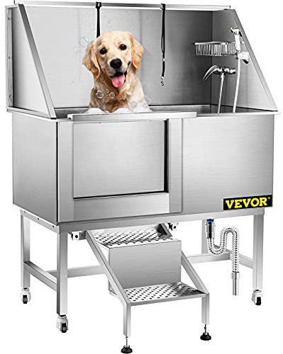 VEVOR Baignoire Toilettage Chien Animaux Compagnie, 64x125x151 cm Capacité 100 kg Cuve Lavage en Acier Inoxydable Grand Bain Douche avec Robinet et Accessoires pour Maison Hôpital Salon de Beauté