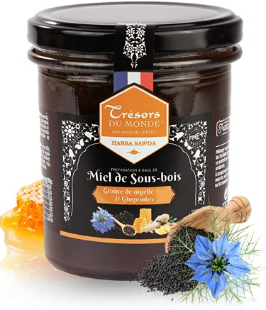 Maison Crétet | Miel de sous-bois gingembre nigelle | miel de france | habba sawda | Pot verre | Préparation de 400g