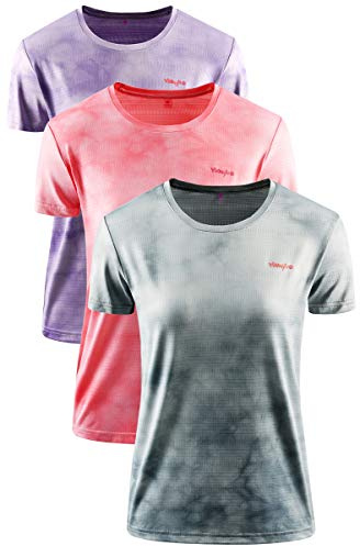 Damen Sport T-Shirt 3er Pack Funktionsshirt Laufshirt Fitness Shirt Trainingsshirt Kurzarm Rundhals Atmungsaktiv Schnelltrocknendes für Running Workout Gym