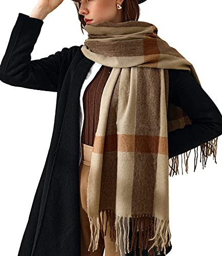 HYUET Bufandas Mujer Invierno Grande a Cuadros, Cachemira Chal Cálido Moda Largas Bufandas Mujer Invierno de Punto con Flecos para Mujeres Hombres,A-marrón,70x180cm