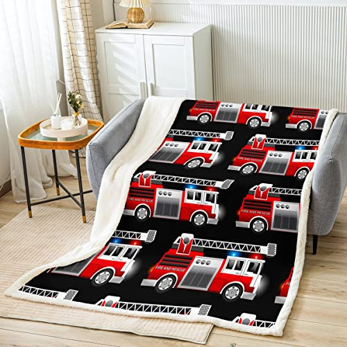 Sunnybed Rote Fahrzeuge Bettdecke Jungen Feuerwehrauto Decke 130X150,Feuerwehrauto Fleecedecke für Kind Jugend Mann,Feuerwehr Sherpa Decke Feuerwehrfahrzeug Kinderauto Themenzimmer Dekor