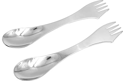 Hsthe Sea 2 Pack 3-in-1 Stainless Steel Camping Cutlery, Outdoor Spork, Knife Spoon Fork Ultralight Cutlery Combination for Outdoor Camping, Silver