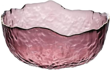 Halyuhn 50 OZ Wavy Glass Salad Bowl, 8 Inch Decorative Glass Serving Container, Large Purple Clear Glass Fruit Holder with 3” Wall, Hammered Mixing Basin Irregular colored Candy Dish