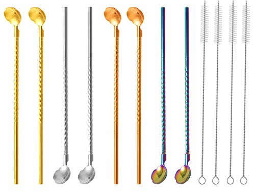 Bulckrew 8 pcs Strohhalme Löffel Wiederverwendbare Edelstahl Trinkhalme Löffel in Rosa Form 2 in 1 Gerade Metallstrohhalme Löffel mit 4 Reinigungsbürsten, Bunt