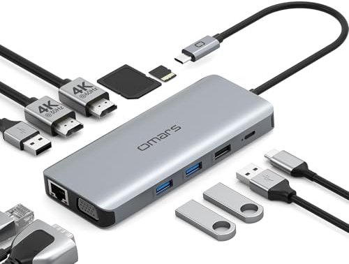 Omars Docking Station Dual Monitor, 11 in 1 USB C Hub Triple Display Multiport Adapter, USB C to Dual HDMI Adapter with 4K+VGA+Ethernet+100W Type C PD+4USB+Data for Dell/Surface/HP/Lenovo Laptop