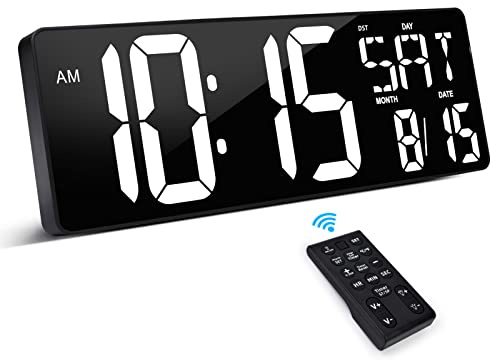 XREXS Large Digital Wall Clock with Remote Control, 17.2 Inch LED Large Display Count Up & Down Timer, Adjustable Brightness Plug-in Alarm Clock with Day/Date/Temperature for Living Room, Office, Gym