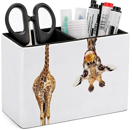 Niapessel Stiftehalter für Schreibtisch, lustige Giraffe, Schreibwaren-Organizer, 2 Fächer, Leder, Unisex, Tiermuster
