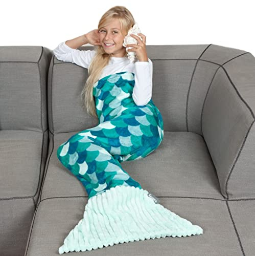 Den mjuka sjöjungfrufilten, mikrofiberpläd för barn, pläd för soffa sjöjungfru eller sjöjungfru filt, täcksäck, sovsäck, resefilt 135 cm lång, med fena, turkos