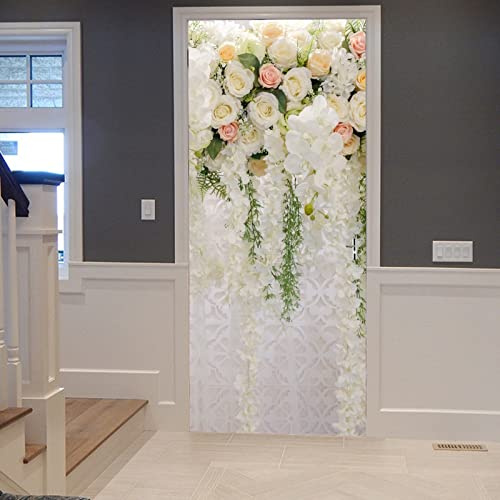 A.Monamour Türtapete Selbstklebend Türfolie Türposter 3D Weiße Blumen Blumen Hochzeits Hintergrund Vinyl Folie Türdeko Tapete Wandbild Türaufkleber Türtattoo 83x204cm