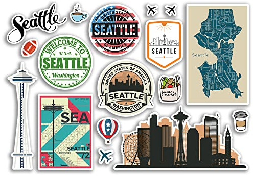 A5 Aufkleberbogen Seattle Sehenswürdigkeiten Vinyl Aufkleber – Washington America States USA American Airport Stamps Skyline Flagge Karte Reise Urlaub Scrapbooking Stadt Gepäck #79156