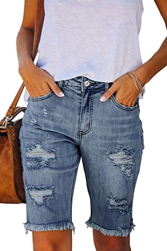 Ancapelion Women's Casual Denim Shorts Mid Waist Bermuda Jeans Shorts Raw Hem Ripped Hole Jeans with Pockets Blue XL