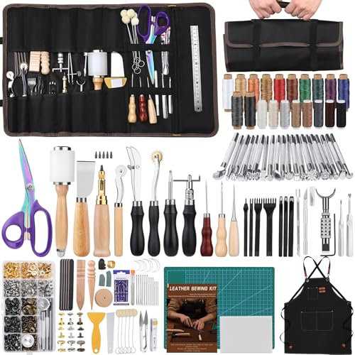 Tikjiua 456Pcs Leather Working Tools with Apron and Tooling Bag, Leather Craft Kit with Tools for Stamping, Carving, Sewing, Beveling, Cutting, Crafting