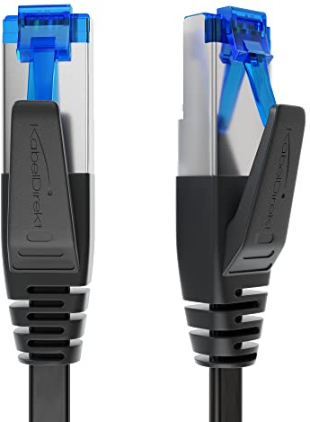 KabelDirekt – Cavo Ethernet piatto altamente flessibile 10Gbit/s – 15m | CAT7, velocità massima di 10Gbit/s in fibra ottica, RJ45, adatto all'all'installazione permanente, nero