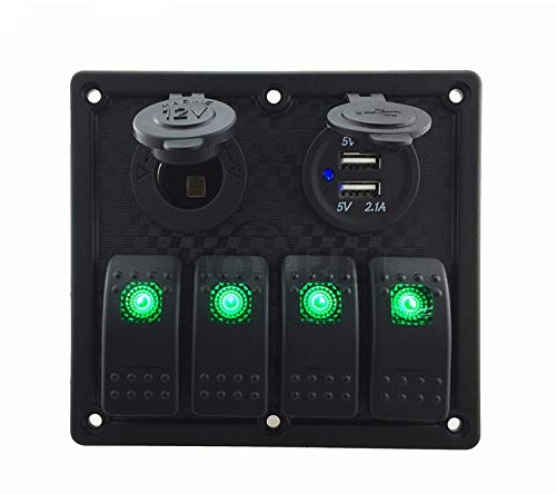 Riloer 4 Gang vorverdrahtete Schalttafel, 12V / 24V Marine Boot Auto RV Dual USB Switch Panel Automotive Toggle Wippe mit LED-Licht, für Scheinwerfer Nebelscheinwerfer Schalter