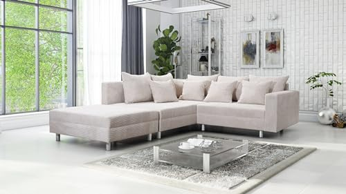 Wohnlandschaft Sofa Couch Ecksofa Eckcouch Cordstoff beige + Hocker Minsk L