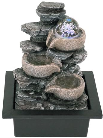 NATIV LEMODO Zimmerbrunnen “Fels'' mit LED-Beleuchtung | Tischbrunnen mit beweglicher Glaskugel | dekorativer Zierbrunnen mit Wasserfall | Wasserbrunnen für Zuhause und Büro