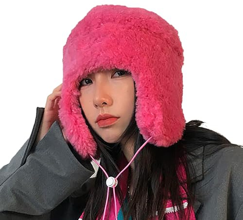 Damenmütze aus Fleece, Plüsch, Sturmhaube, Winter, mit Ohrenschützer, Damenhut, wind- und kältebeständig, für Skifahren, Snowboard, Motorrad, Camping, Rosa, 56/58 cm
