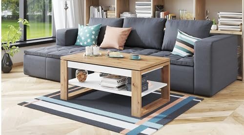 designimpex Design Couchtisch Multifunktion Arbeitstisch Tisch Nuo Ablage Esstisch, Farbe:Eiche Artisan - Weiß matt