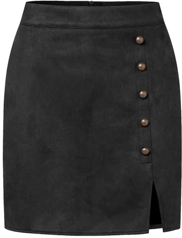 FEOYA Gonne da donna a vita alta mini a linea zippate stile skater in ecopelle scamosciata sexy moda Y2k, Nero-01, XL